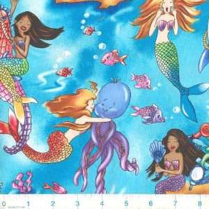  45 Wide Mermaids & Seahorses Blue Fabric By The Yard 