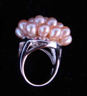Peach colored Pearl Cocktail Ring in Silvertone metal  