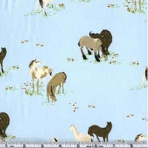  45 Wide West Hill Horses Light Blue Fabric By The Yard 