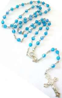 Blue Rosaries Beaded Chain Rosary Necklace Cross 28  