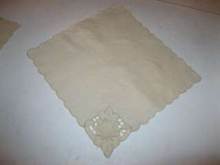 VINTAGE SQUARE ECRU LINEN EMBROIDERED TABLE RUNNER TABLECLOTH 