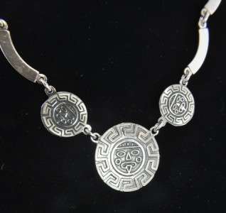 Vtg Mexico Sterling SIlver Aztec Mayan Medal Overlay Link Tribal Bib 