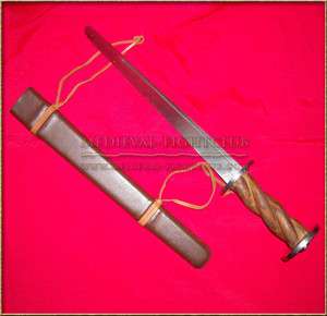 Rondel dagger & leather sheath carved wood full tang  