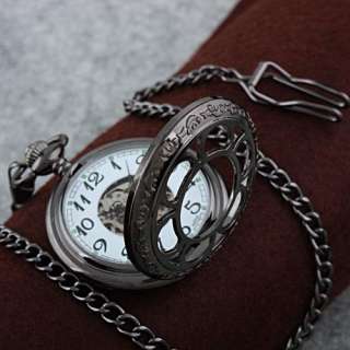   Skeleton Mechanical Wind Up Vintage Mens Chain Pocket Watch  