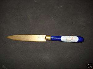 ANTIQUE BLUE PORCELAIN/ BRASS LETTER OPENER KNIFE RARE  