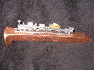 PEWTER TRAIN WITH TRACKS ON ORIGINAL RAILROAD SPIKE  