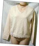 EDDIE BAUER Womens Petite S V Neck Fringed Wool Sweater Top Off White 