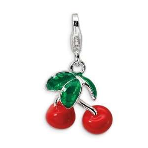    Sterling Silver 3D Green Enameled Red Cherries Charm: Jewelry