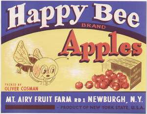 CARTOON CHARACTER ON NEW YORK APPLE LABEL: HAPPY BEE  