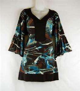   4X 6X Flattering Espresso Teal Abstract Bell Sleeve Tunic Top  