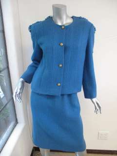 LOVELY* Chanel Collection 02 Blue Tweed Fringe Sleeve Jacket/Skirt 