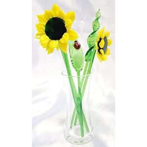   Glass Yellow Sunflower and Leaves Set with Glass Vase and Red Ladybug