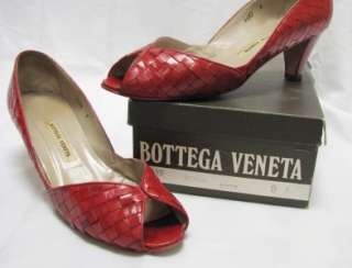 Vintage Red Woven Leather BOTTEGA VENETA Peep Toe Pumps Size 8  