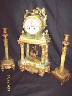 Antique Onyx 3 pc Gold Gilt Clock Garniture E. Varon  