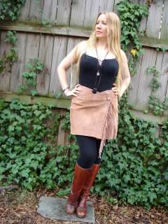   Leather suede camel fringed wrap mini skirt NOS w tags! Gypsy woman