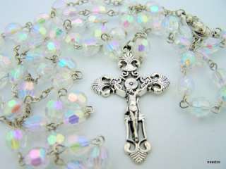 Tin Cut Madonna & Child Jesus Beads Silver Cross Rosary  