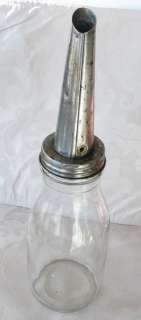 1940 Glass Motor Oil Bottle & Metal Spout  