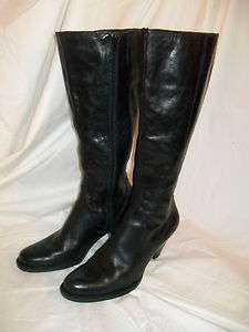 Born Black Leather Tall Knee High Zip Up Round Toe Heel Boots 7.5 