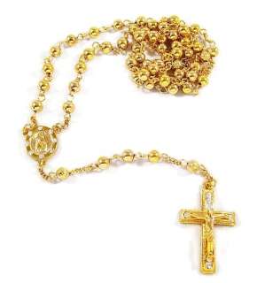 ICED OUT MENS 14K GOLD ROSARY BEAD CROSS NECKLACE  