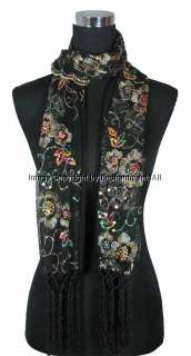 Floral Lace Scarf Shawl w/ Embroidery & Sequin, Black 1  