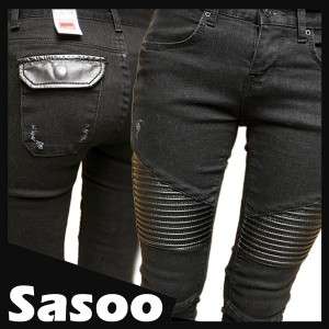 distressed vintage THIGH LEATHER PATCH skinny jeans BLACK 25 26 27 28 
