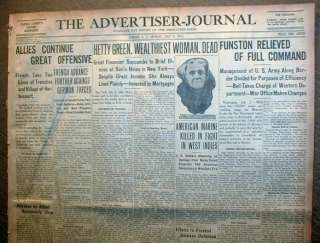 BEST 1916 newspaper HETTY GREEN DEAD The WOMAN MILLIONAIRE Witch of 