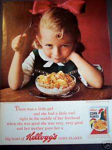 1963 Little Girl eating KELLOGGS CORN FLAKES CEREAL Ad  