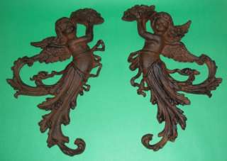 Pair of Cast Iron Angels with Flowers Plaque Wall Decor  