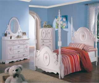 Twin White Wooden Poster Bed Girls Bedroom Furniture 4 pc Set  