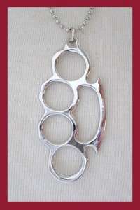 SILVER BRASS KNUCKLE DUSTER PENDANT NECKLACE CHAIN PUNK  