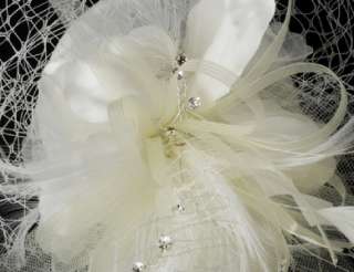 White or Ivory Birdcage Veil Hat Crystals & Feathers  