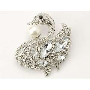   Pearl Bead Royal Swan Clear Crystal Rhinestone Jeweled Bird Pin Brooch