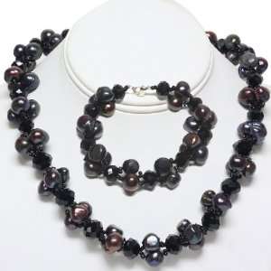  18 Black Freshwater Pearl Cluster Necklace and Bracelet 