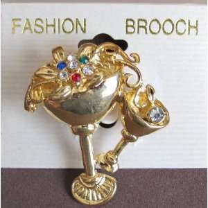  Tone FASHION BROOCH PIN: RHINESTONE Flower & Champagne Glasses PIN 