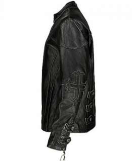 New AFFLICTION Black LEATHER Jacket SILENT Cross Studded RARE Size M 
