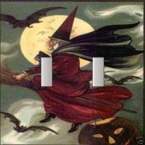 HALLOWEEN WITCH FLYING WITH BATS DOUBLE SWITCH PLATE  