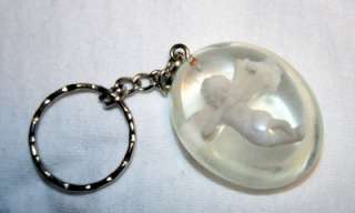 Lovely Clear Lucite Sculpt Oval Guardian Angel Keychain  