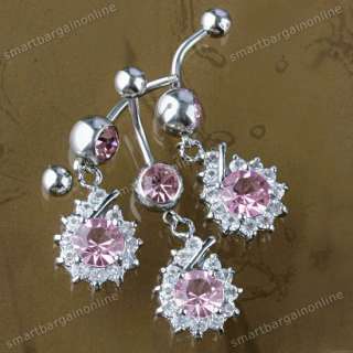 Pink Crystal Dangle Flower Belly Button Navel Ring 14ga Size : (Approx 