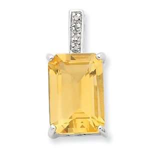   Sterling Silver Rhodium Emerald cut Citrine & Diamond Pendant Jewelry
