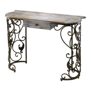 Elegant Curved Iron Scroll Console Table with Drawer  