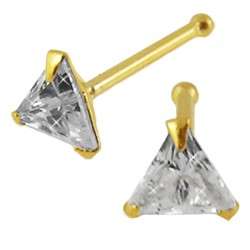 10K Solid Gold Nose Bone Pin Ring Stud Triangle CZ 22G  