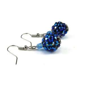  Disco Ball with Blue Faceted Crystal Dangle Earrings Jewelry