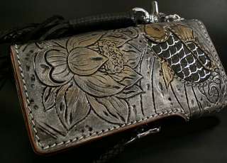 Hand carved leather in detailed unique Japanese Koi pattern Stunning