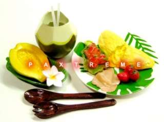   Hawaiian Tropical Breakfast Coconut Juice Papaya Omlette Plate  