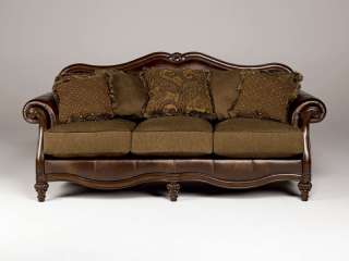   WOOD TRIM CHENILLE & FAUX LEATHER SOFA COUCH SET LIVING ROOM FURNITURE