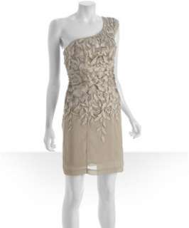Sue Wong eggshell floral appliqué lace one shoulder dress   