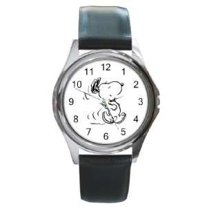 Running Snoopy Silver Tone Leather Band Quartz Watch  