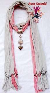   Cotton Mix Colors Heart Pendant Scarf Jewelry Necklace Scarves  