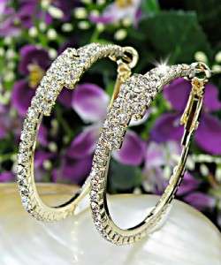   Gold Plated with Clear Swarovski Crystals Hoop Earrings E274  