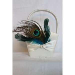  Flower Girl Basket Ivory   Peacock Feathers and Sparkling 
